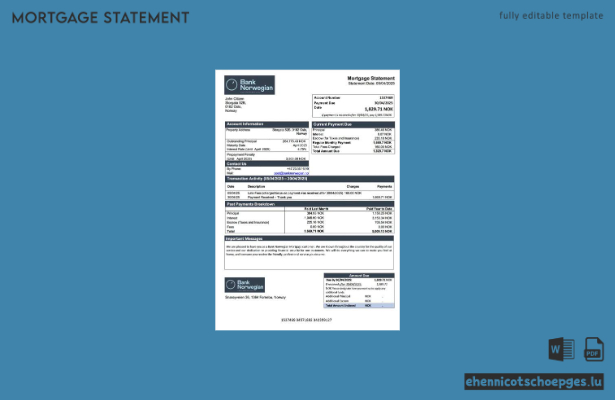 Norwegische Bank, norwegischer Hypothekenauszug, Word- und PDF-Beispielansicht